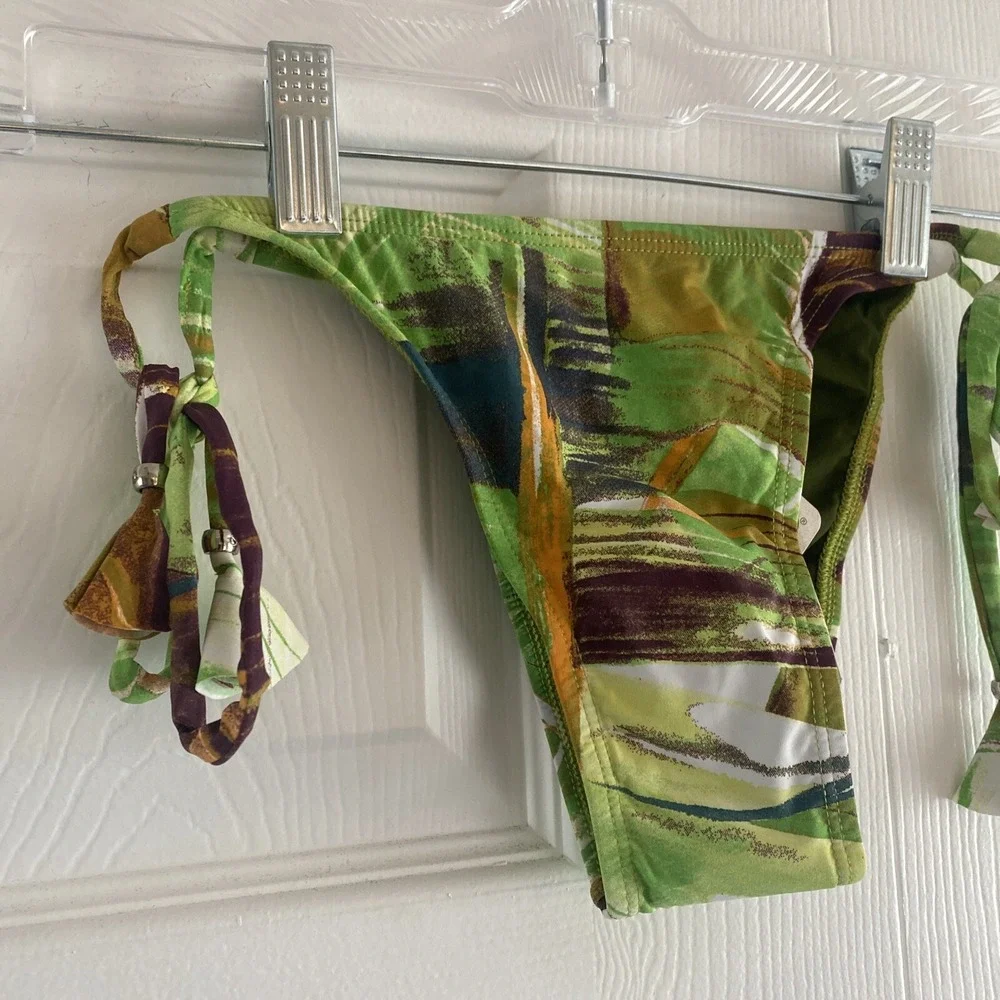 Liquido Abstract Print Tie Side Bikini Bottom Womens Size XL Green Lycra NWT‎